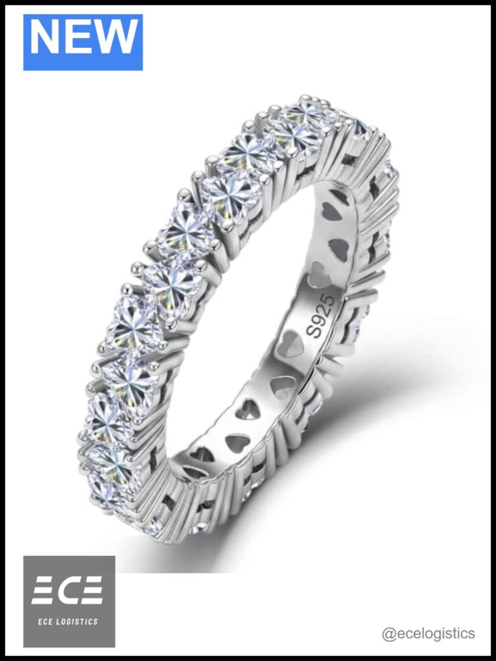 Heart Cut Moissanite Eternity Ring 925 Sterling Silver with 14K White Gold Pla